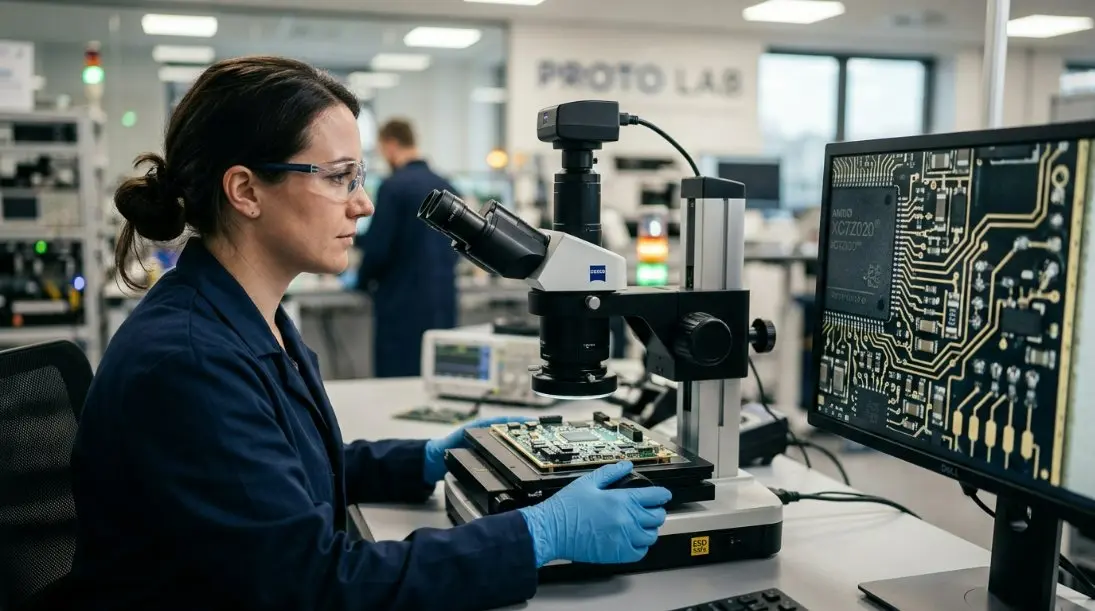 A professional engineer inspecting a high-density circuit board using a digital microscope in a modern laboratory.