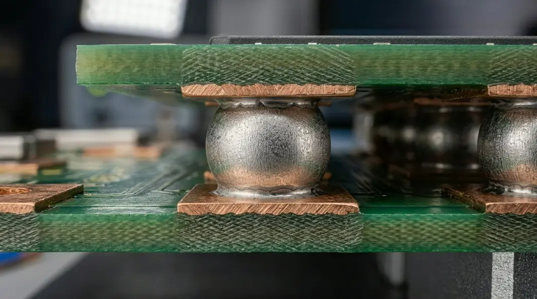 A detailed 3D X-ray scan of a BGA solder joint showing perfect alignment and connectivity.
