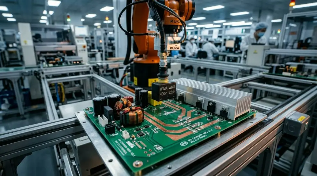 A high-tech automated PCB assembly line in a China-based factory, focusing on high-voltage EV charging components for the Southeast Asian market.