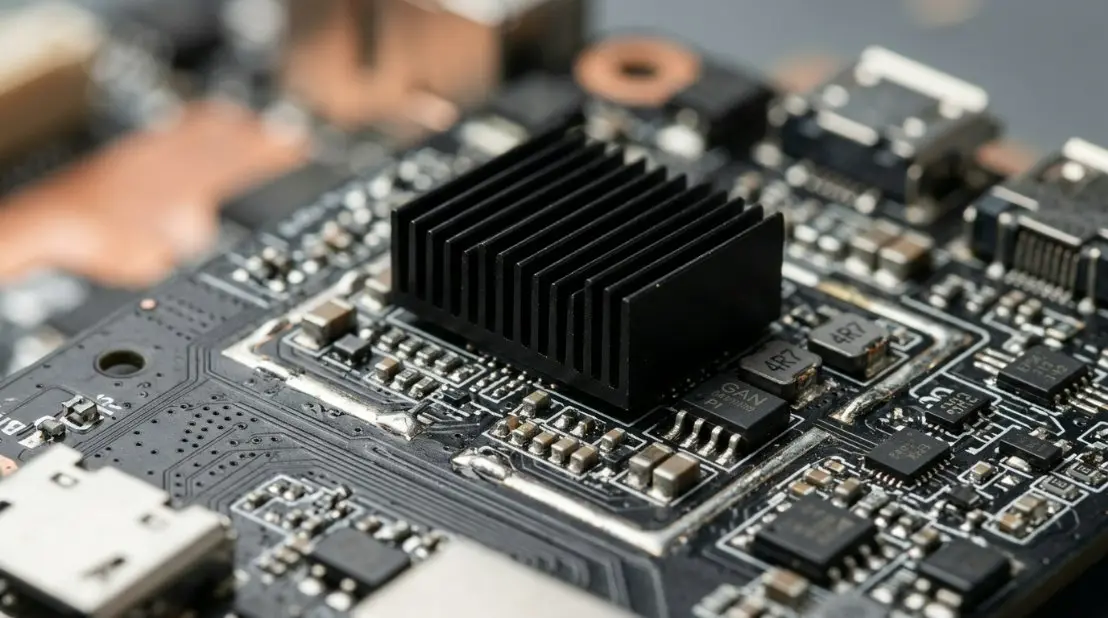 A close-up view of a GaN-based fast-charging PCBA, highlighting the compact layout and advanced thermal heat sinks.
