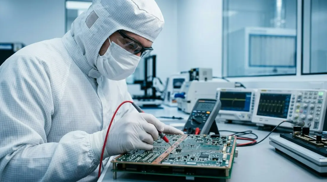 An engineer in a cleanroom setting conducting rigorous electrical safety tests on a PCB to ensure compliance with SIRIM and TISI standards.