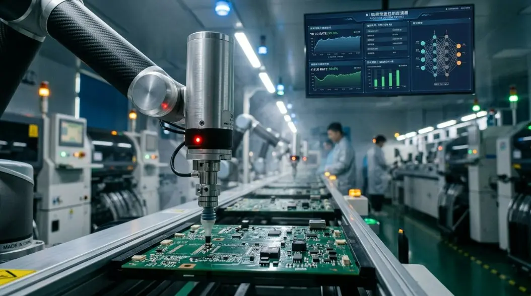 A futuristic high-tech automated PCBA assembly line in a Chinese factory with robotic arms and digital screens showing AI quality control metrics.