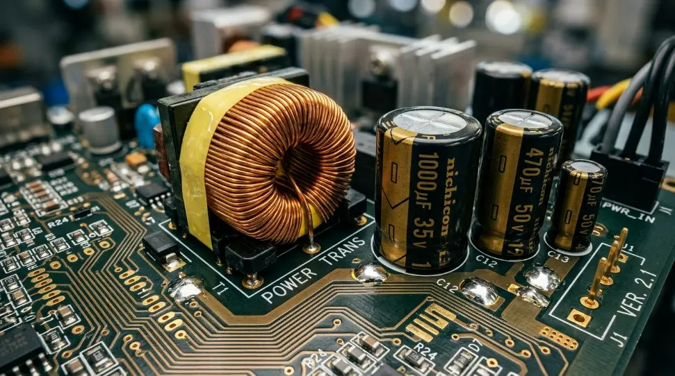 Close-up macro shot of a high-density Power Supply PCBA with high-quality capacitors, transformers, and intricate copper traces.