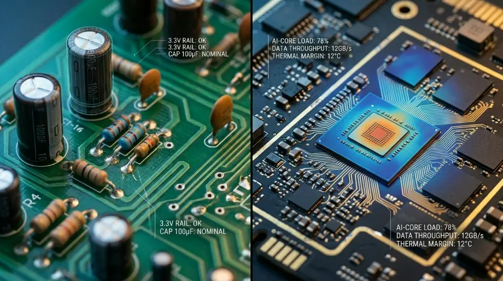 A split-screen comparison showing a standard PCB assembly on one side and a high-density AI-monitored PCBA on the other with technical data overlays.