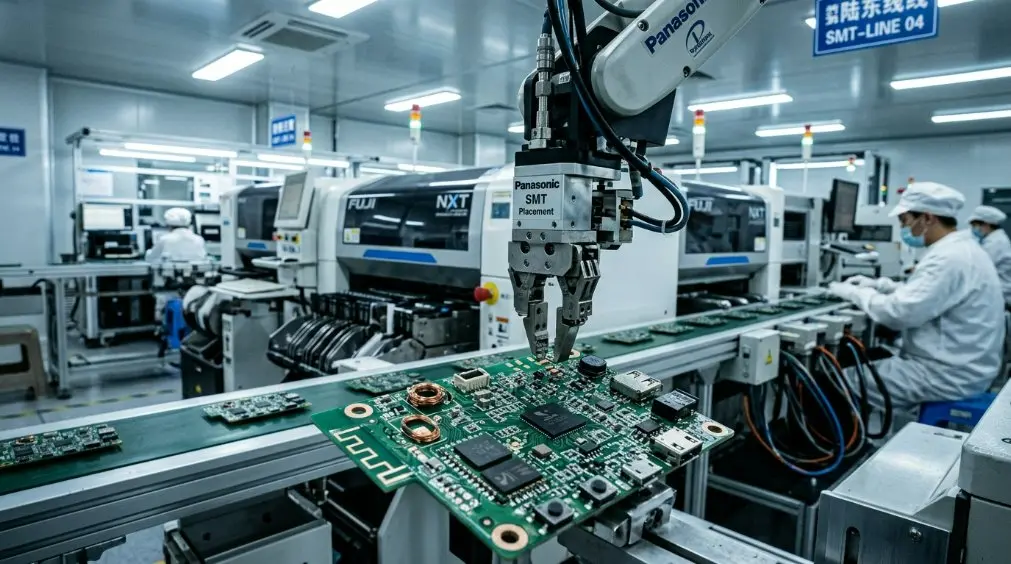 A high-tech clean room in a Chinese Bluetooth Speaker PCB factory showing robotic SMT assembly lines for miniature audio circuit boards.