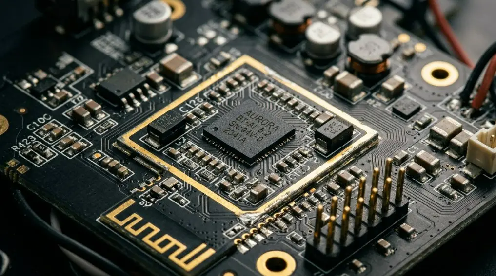 Detailed macro view of a Bluetooth Speaker PCB with high-end components, gold-plated contacts, and integrated AI-audio processing chips.