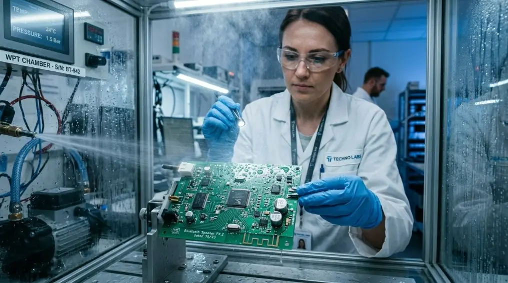 A quality control technician testing the waterproof rating of a finished Bluetooth Speaker PCB in a specialized laboratory chamber.