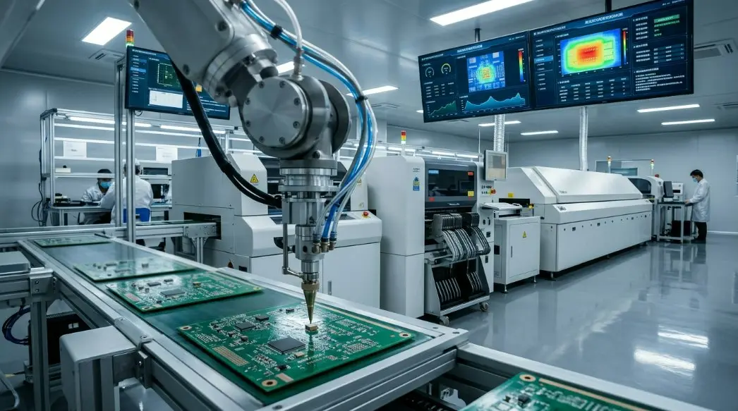 High-tech factory floor in China featuring automated robotic arms and AI monitoring screens for SMT production lines.