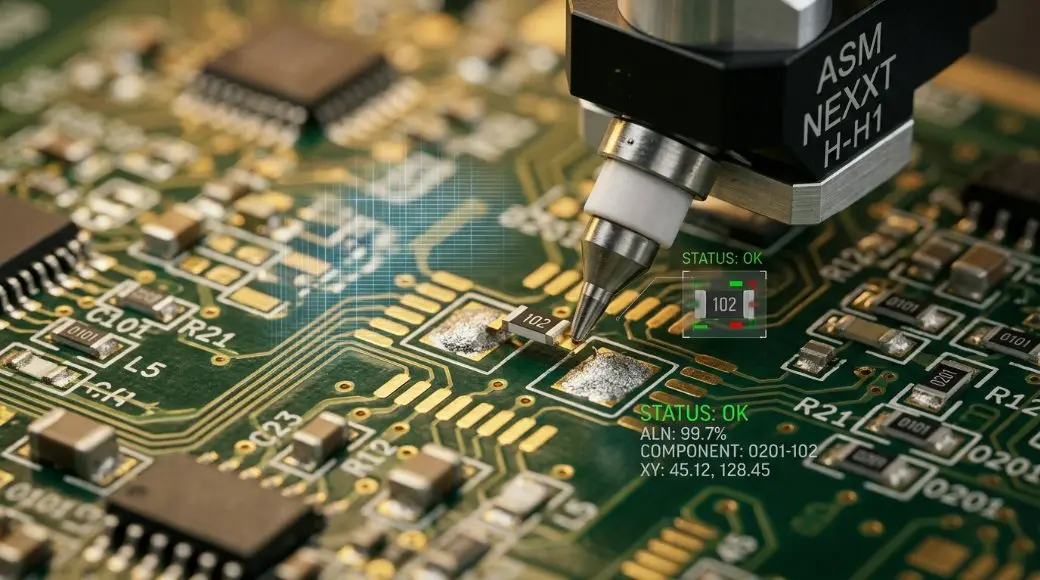 Close-up of an AI-monitored SMT machine placing microscopic components on a high-density green PCB.
