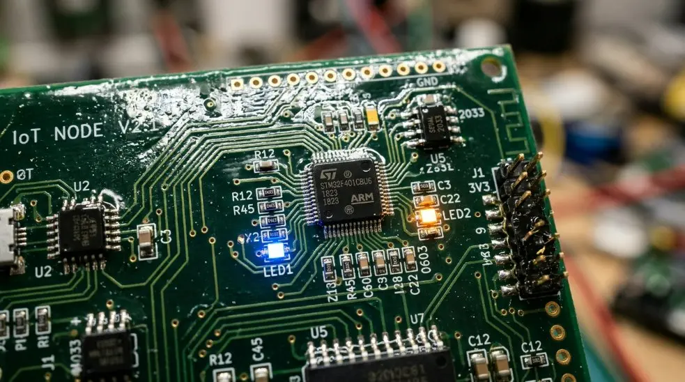A multi-layered IoT circuit board with waterproof coating and RGBIC components, showing intricate trace patterns.