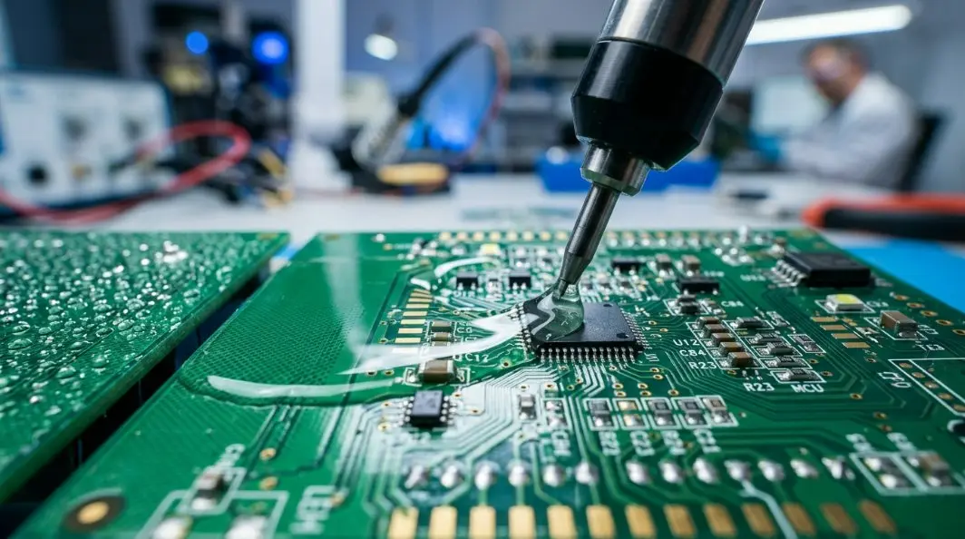 Diagram showing the IP67 waterproofing process with a protective coating being applied to a circuit board