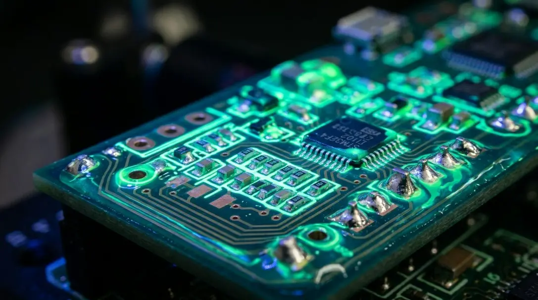 Close-up macro photo of a perfectly coated circuit board showing glowing fluorescent protective coating under UV inspection light.