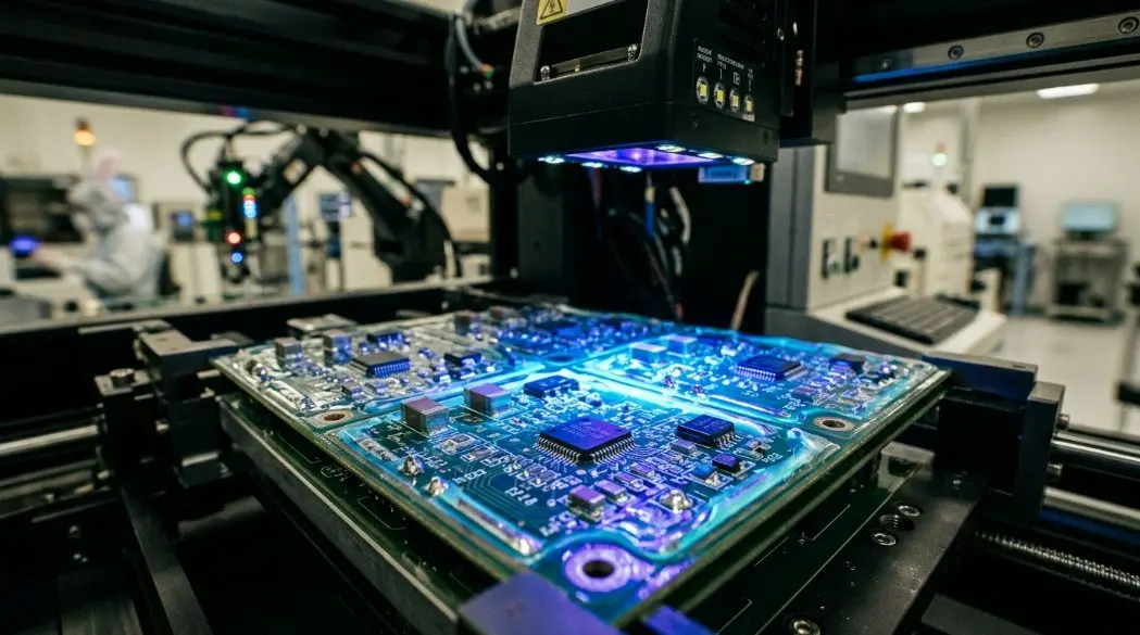 A high-precision optical inspection system verifying the coating thickness and coverage of a PCBA using UV illumination.