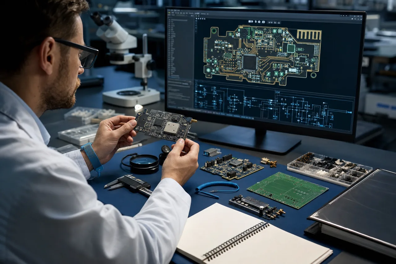 Engineering review of remote control PCB design files, bill of materials, schematic, RF layout, and manufacturing notes on a workstation