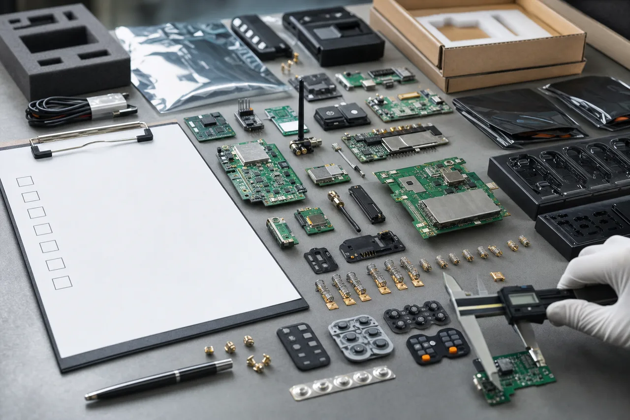 Remote PCBA procurement checklist beside sample boards, battery contacts, keypad components, RF parts, and packaging materials